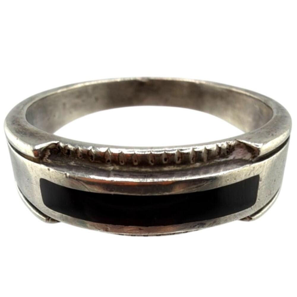 Vintage Sterling Silver Onyx Inlay Textured Band Ring 10.5